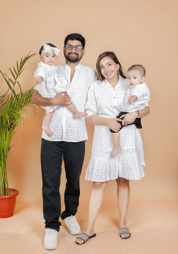 Family White Aplic Twinning Outfit Combo Set