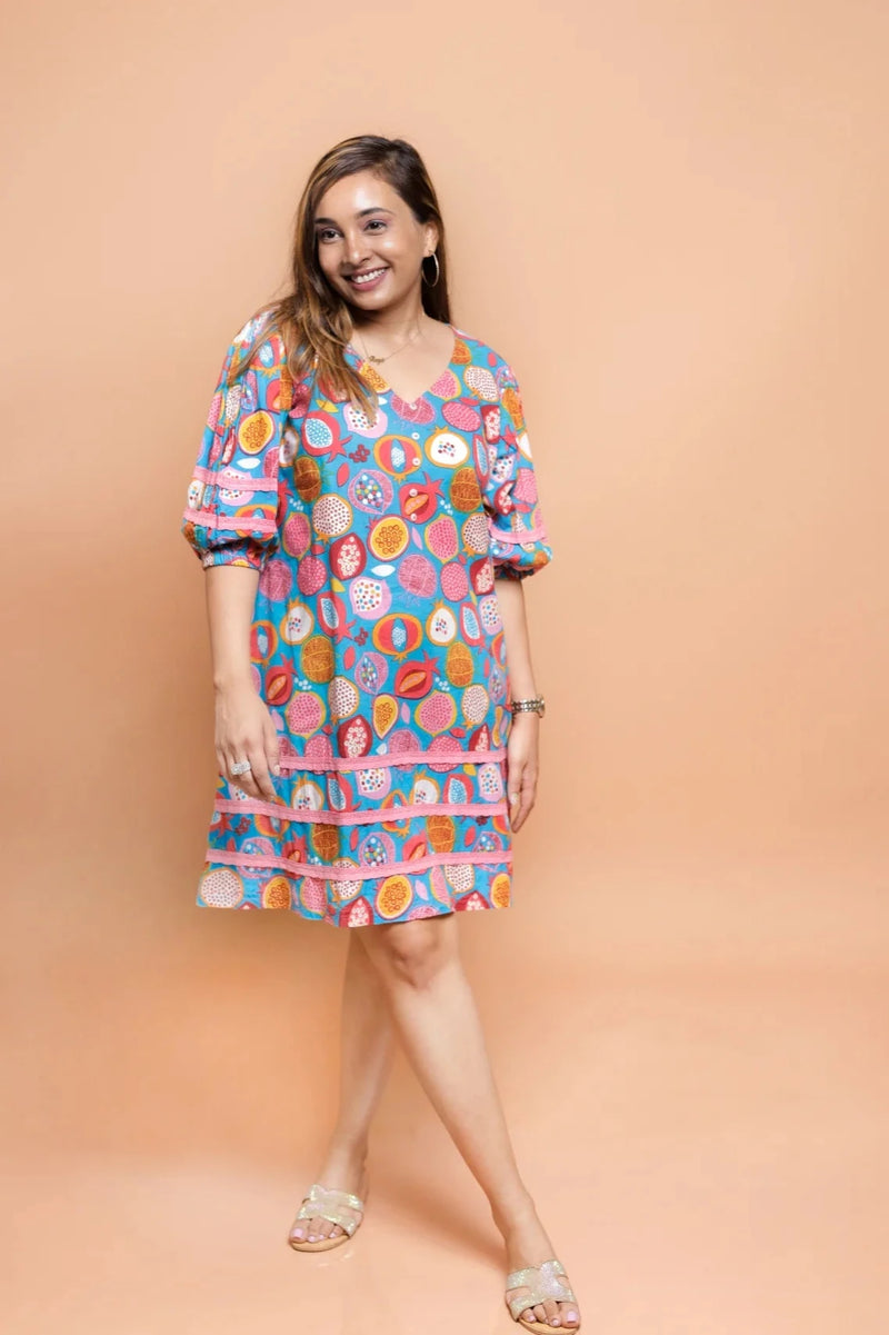 Exotic Dragon Fruit Pattern Short Dress for Women | V-Neck Style