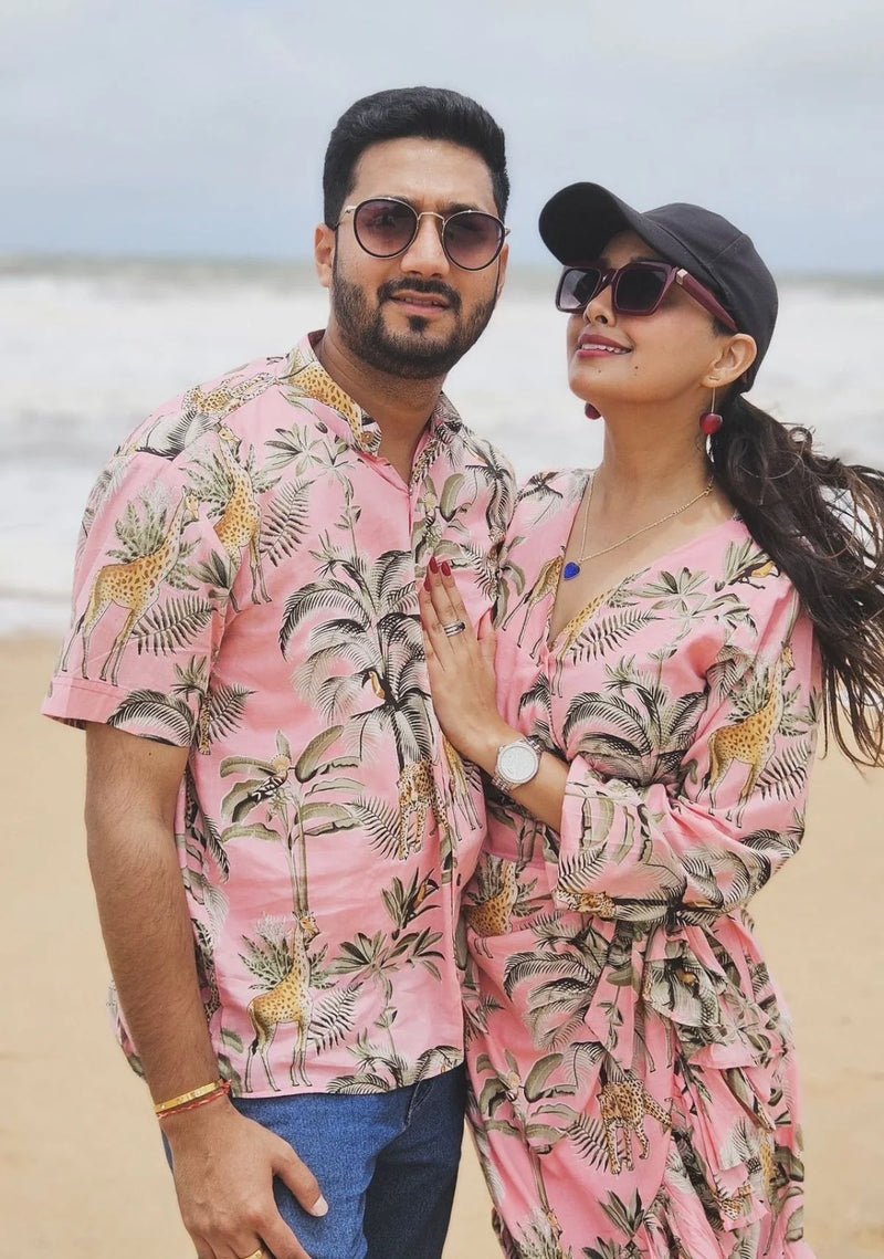 Pink Jungle Print Couple Twinning Outfit | Casual Wear for Women & Men (Dress for Her, Shirt for Him)