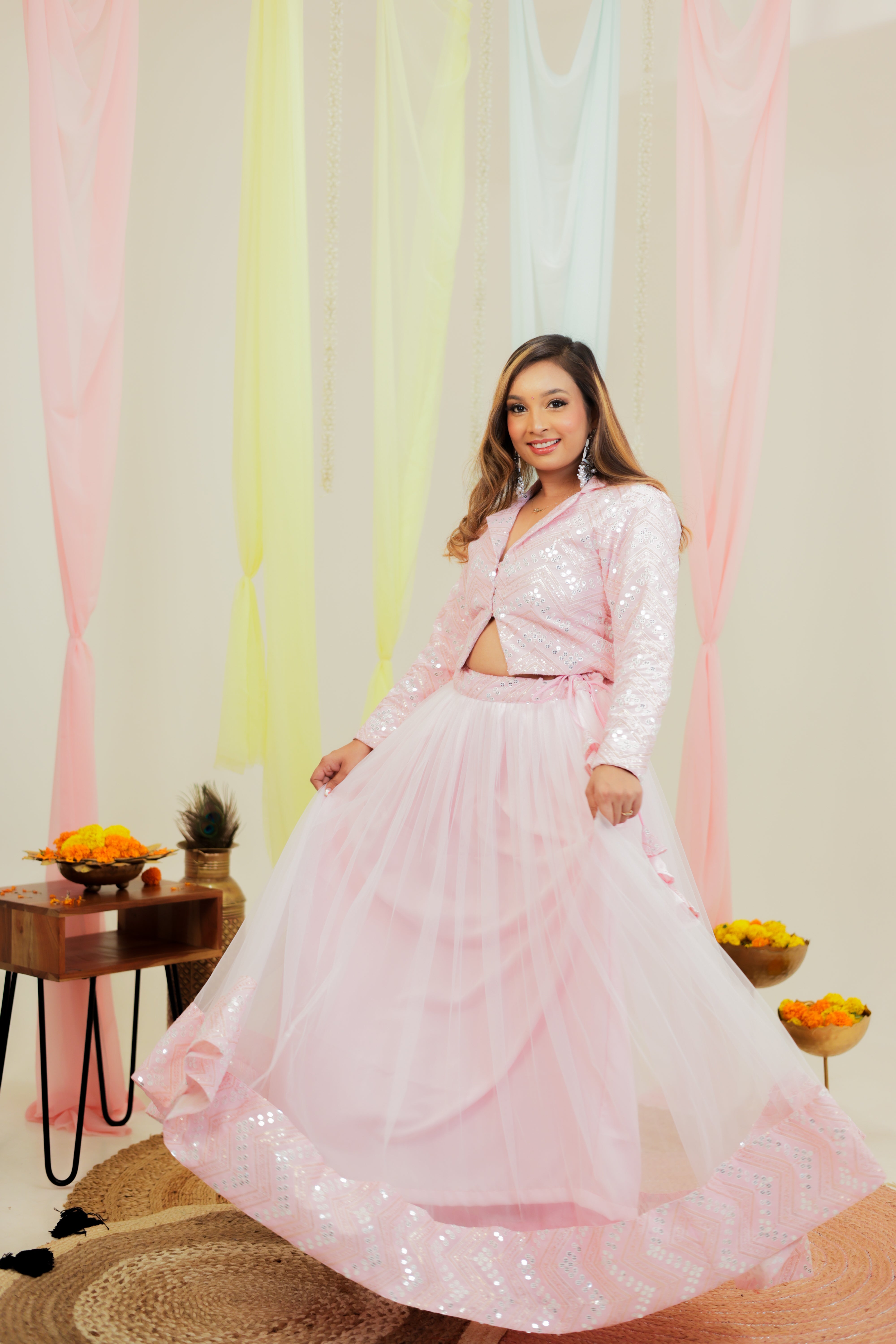 Shahi Gulab Pink Women Net and Sequin Lehenga Choli