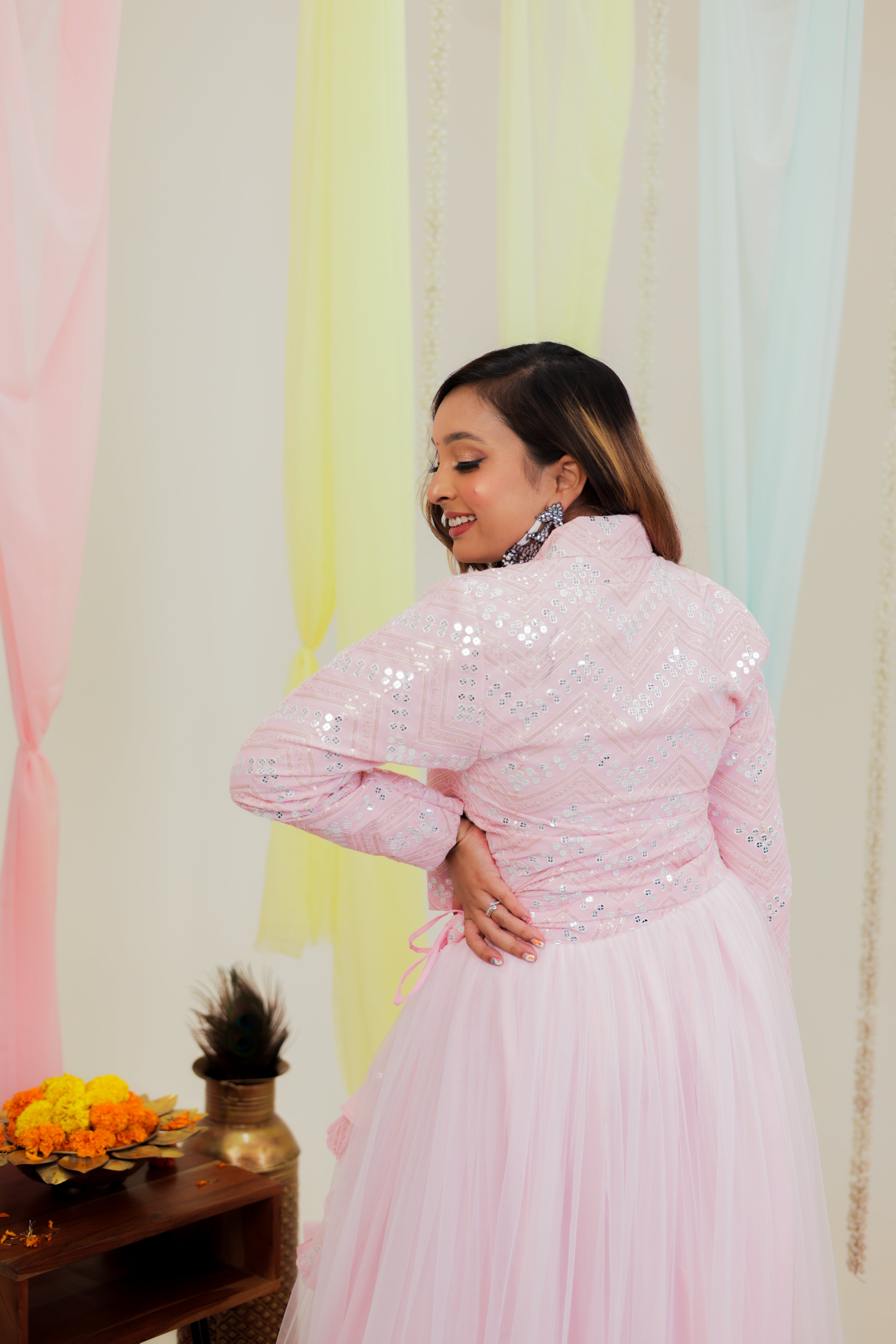 Shahi Gulab Pink Women Net and Sequin Lehenga Choli