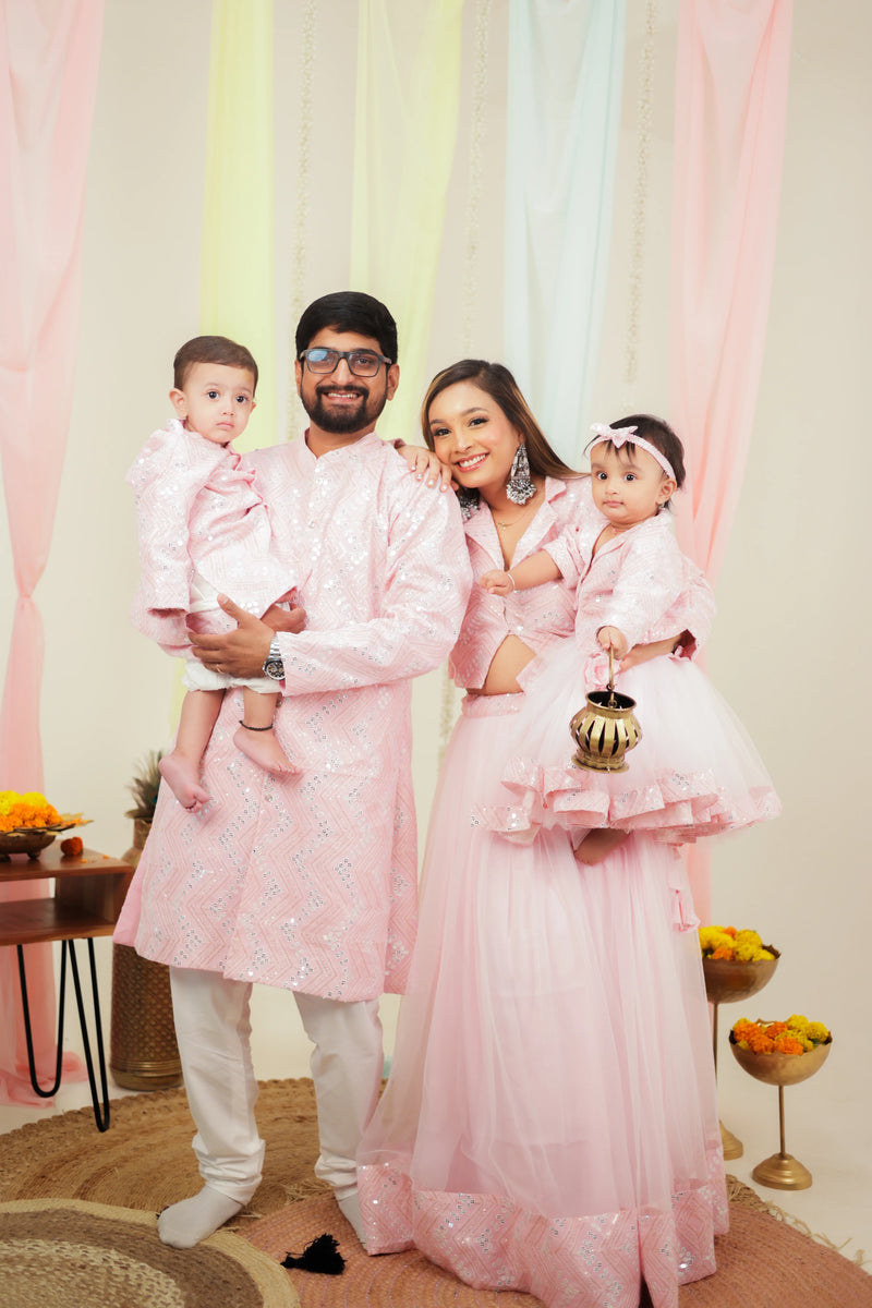 Shahi Gulab Pink Sequins & Net Twinning Outfits for Family | Perfect for Festivals & Weddings