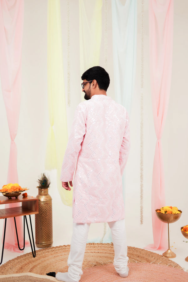 Shahi Gulab Pink Sequins & Net Sherwani with Pants | Men’s Ethnic Wear