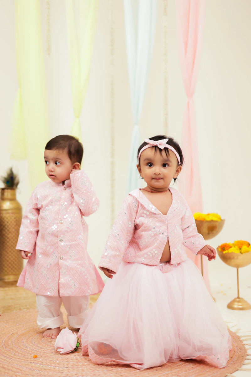 Shahi Gulab Pink Sequins & Net Twinning Outfits for Family | Perfect for Festivals & Weddings