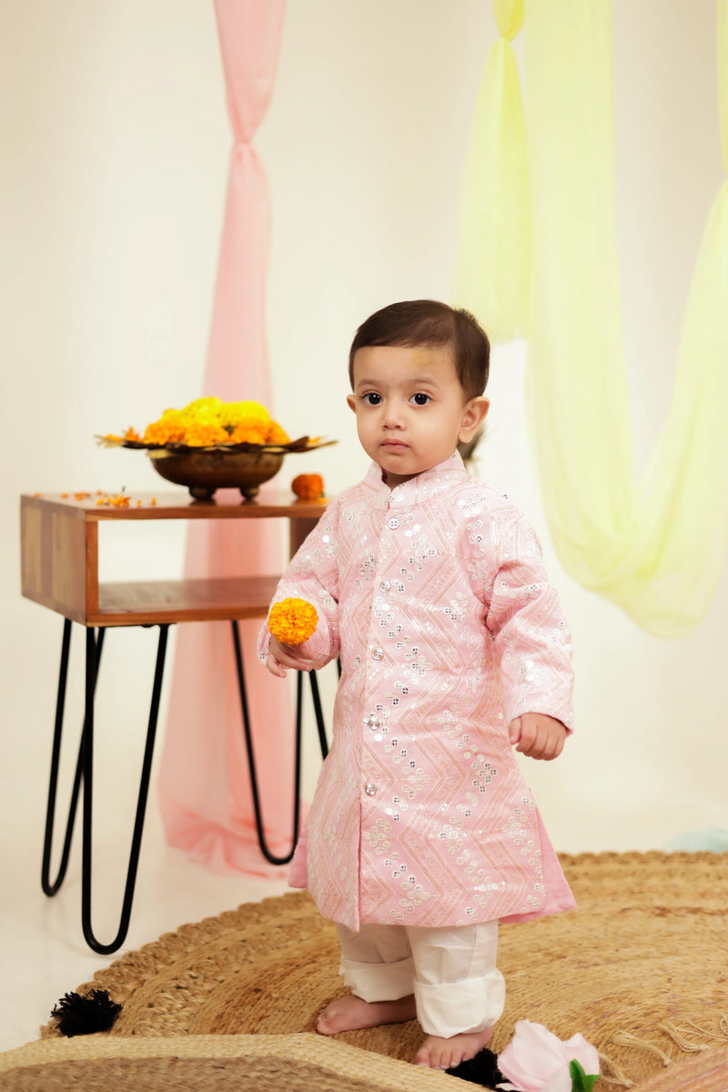 Shahi Gulab Pink Sequins & Net Sherwani and Pant for Boys Ethnic Wear