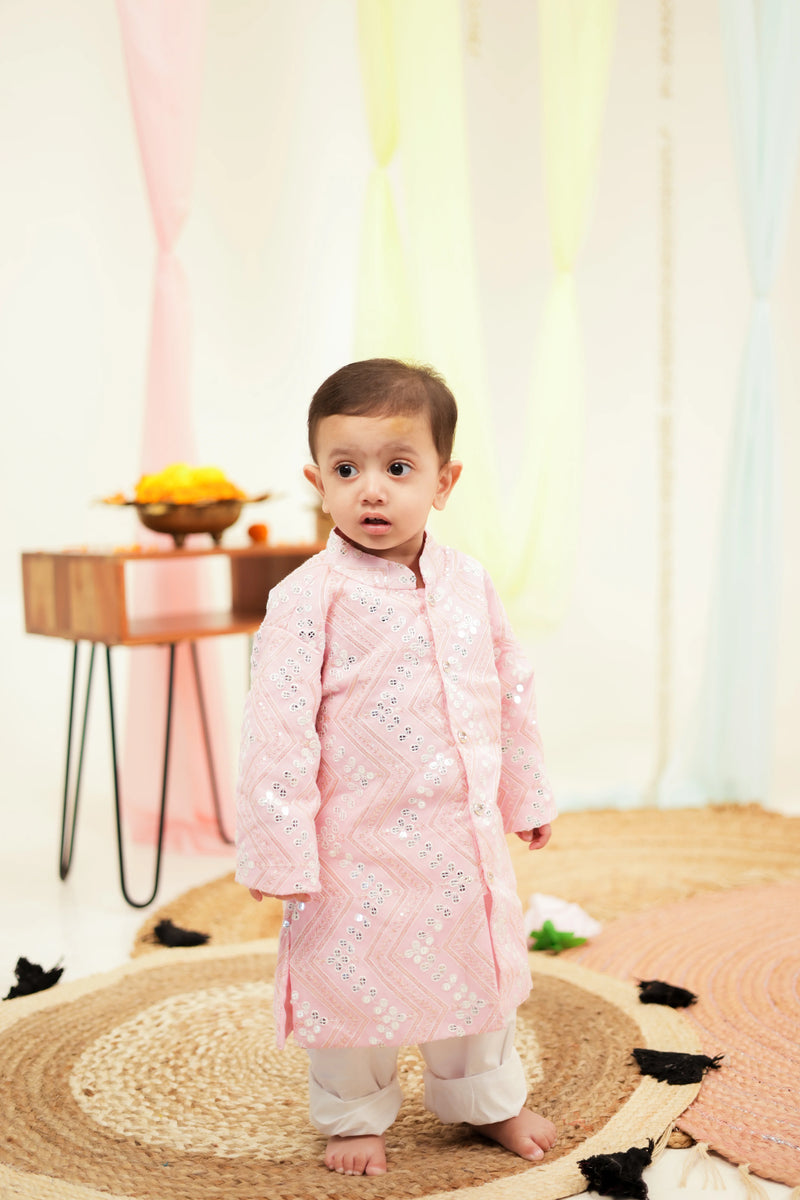 Shahi Gulab Pink Sequins & Net Sherwani and Pant for Boys Ethnic Wear