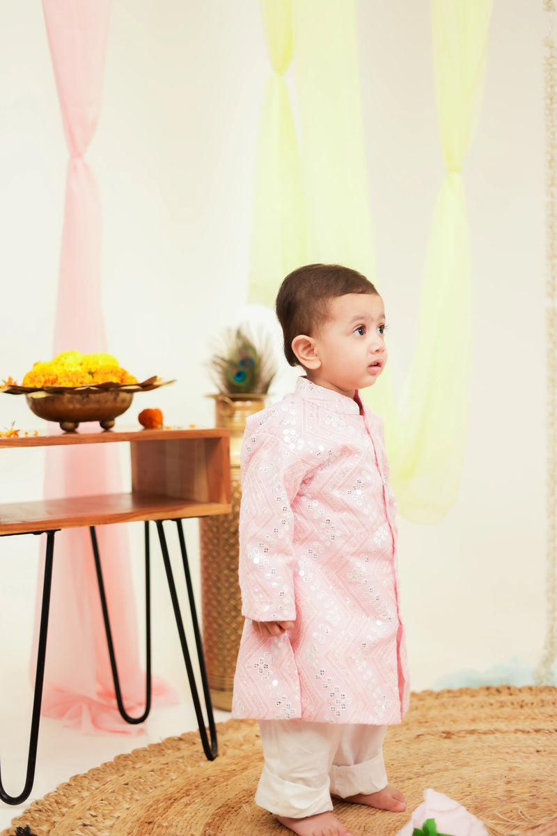 Shahi Gulab Pink Sequins & Net Sherwani and Pant for Boys Ethnic Wear