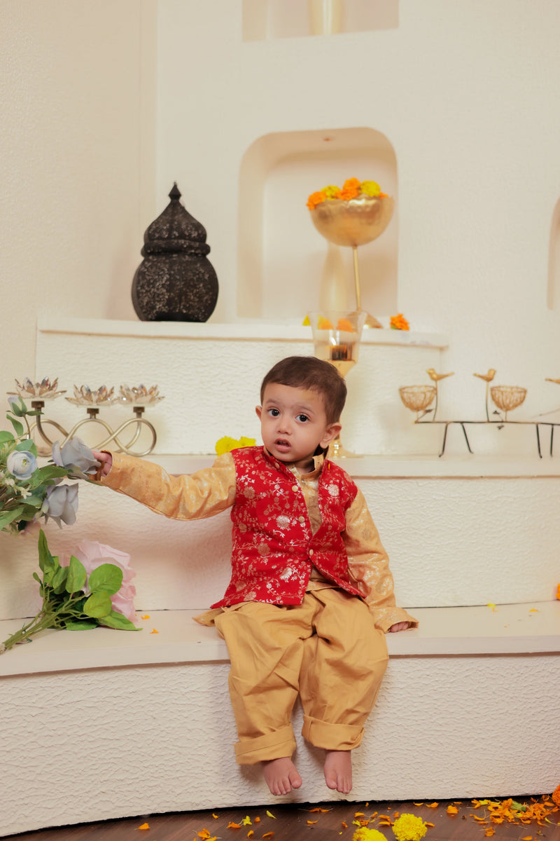 Jalebi Red and Gold Boy's Ethnic Wear Set | Kurta, Pant & Jacket set