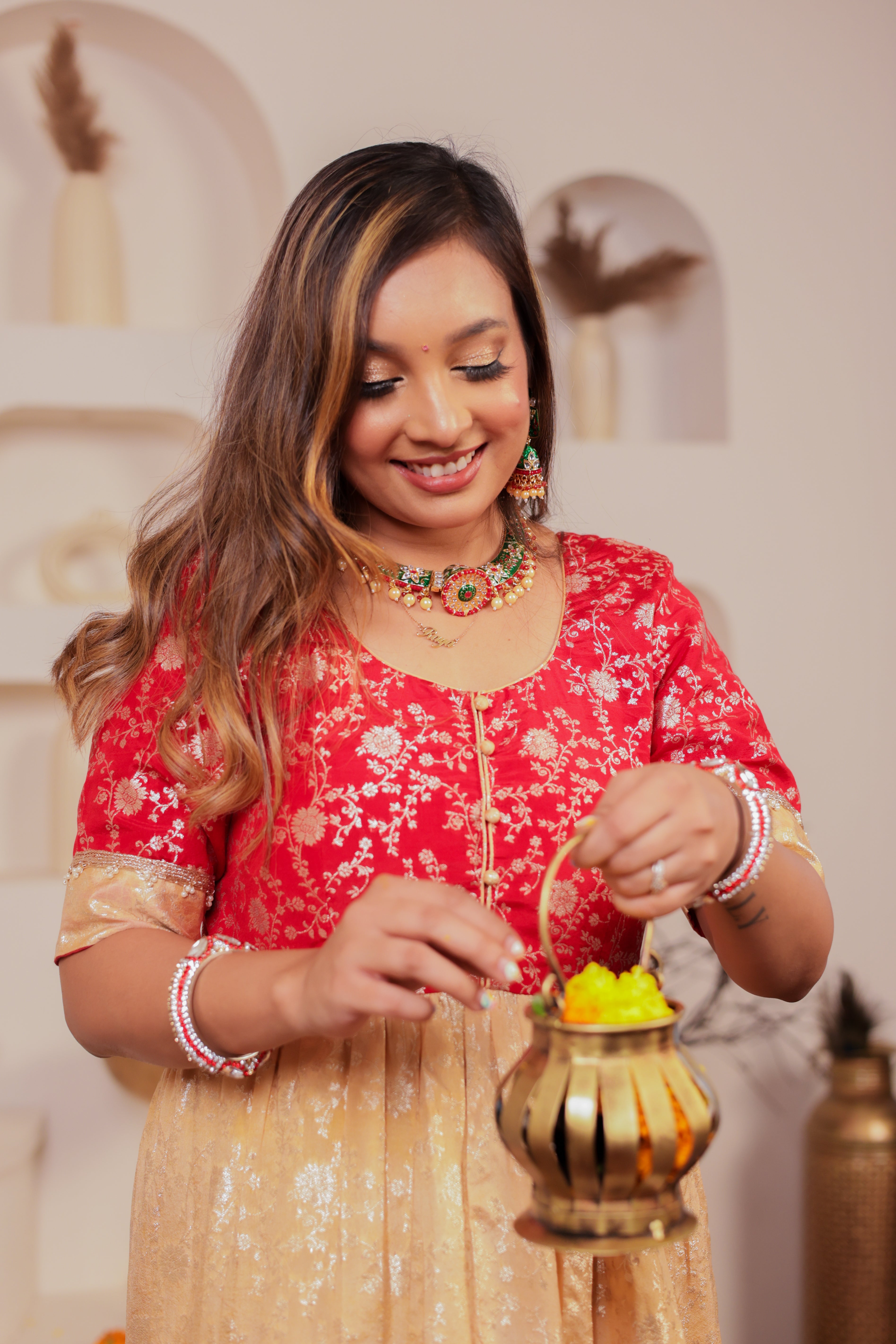 Red And Gold Women Anarkali Dress