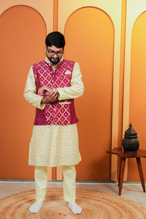 Pista Barfi Silk Kurta Pant Jacket Set for Men's | Outfit for Special Occasions