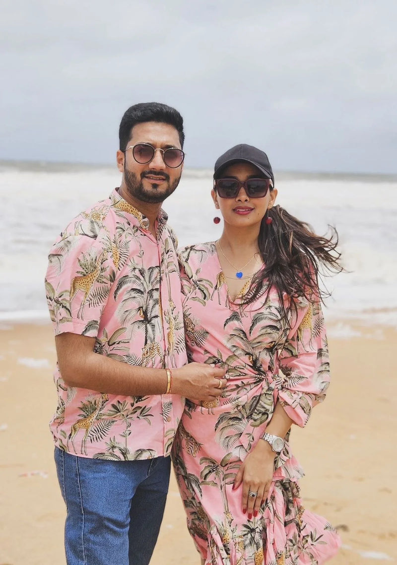 Pink Jungle Print Couple Twinning Outfit | Casual Wear for Women & Men (Dress for Her, Shirt for Him)