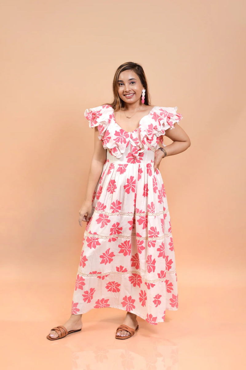 White Long Dress with Pink Floral Embellishments for Women's | Perfect for Casual or Dressy Looks