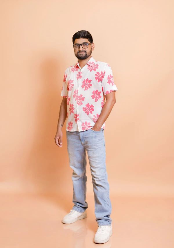 Stylish Half Sleeves Shirt for Men | White with Pink Flower Print