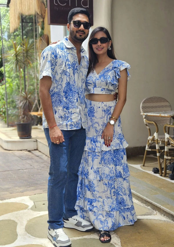 Blue & White Jungle Print Couple Twinning Sets | Stylish and Comfortable Cotton Attire