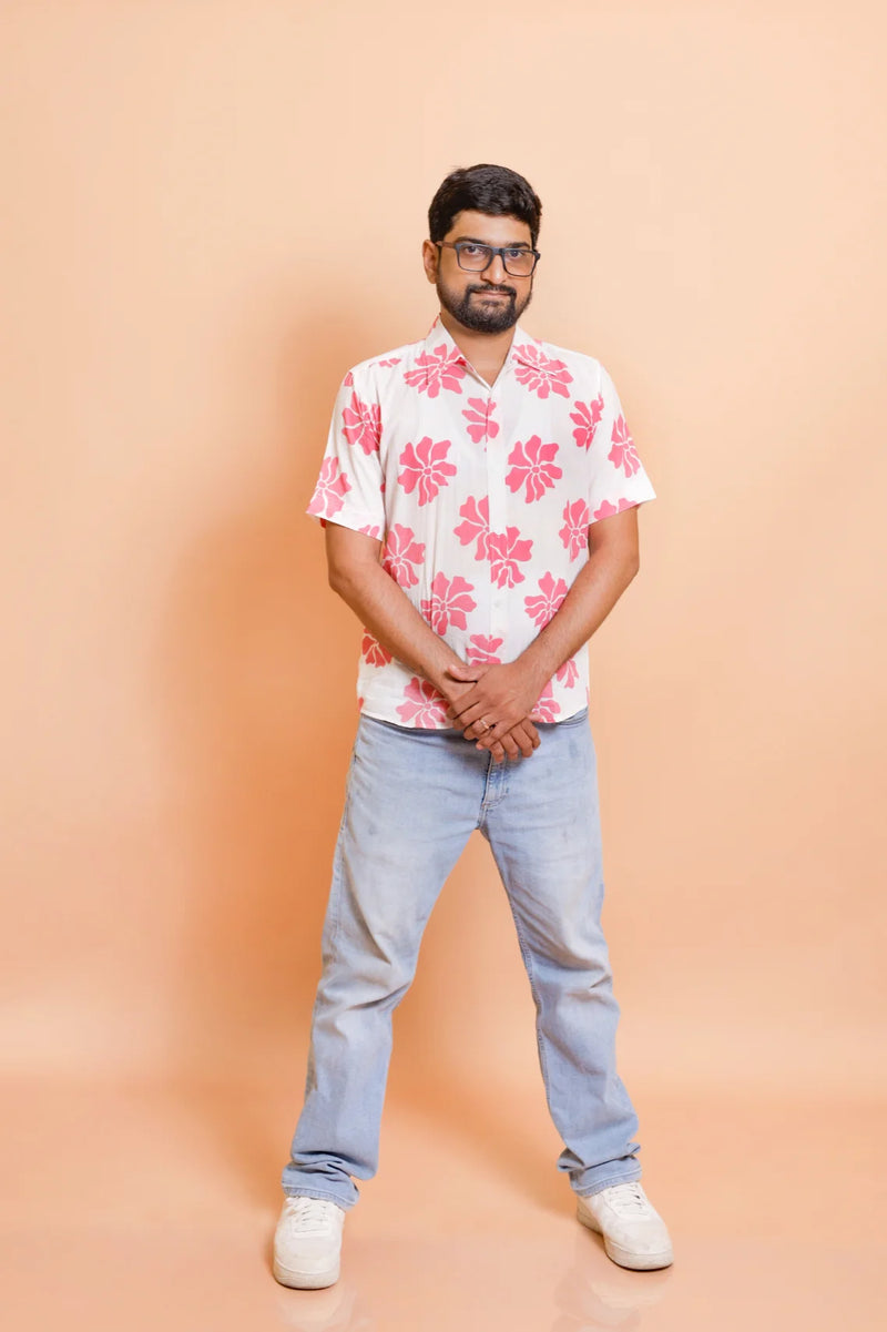 Stylish Half Sleeves Shirt for Men | White with Pink Flower Print