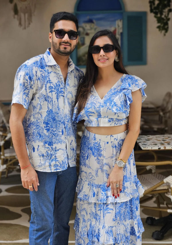 Men's Blue & White Jungle Print Half-Sleeve Shirt