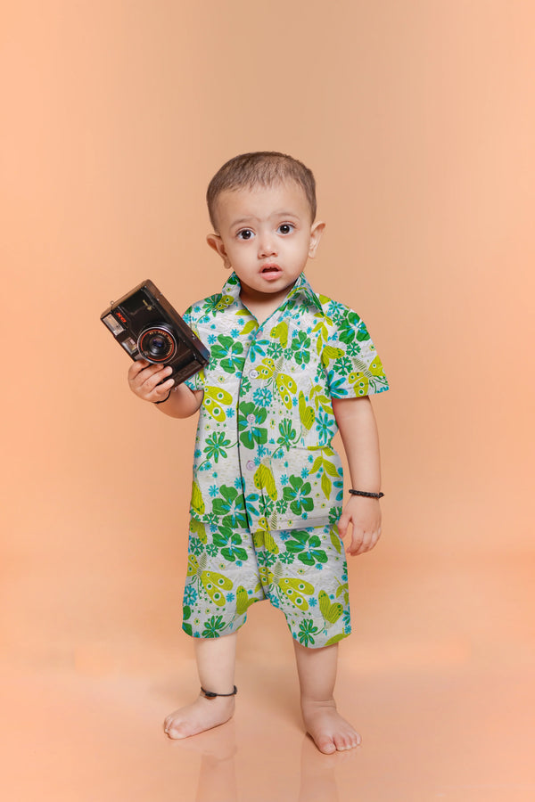 Greenery Graphic Print Cotton Shirt and Shorts Set for Boys