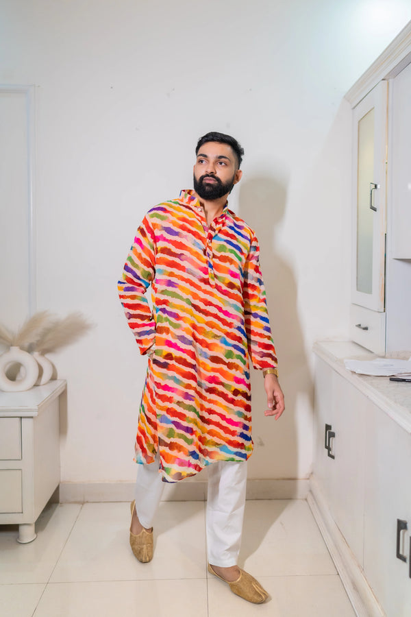 Colorful Whispers Leheriya Festival Men Kurta | Vibrant Ethnic Wear