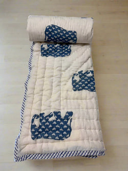 Block Print Reversible Quilt - Cute Blue Elephant