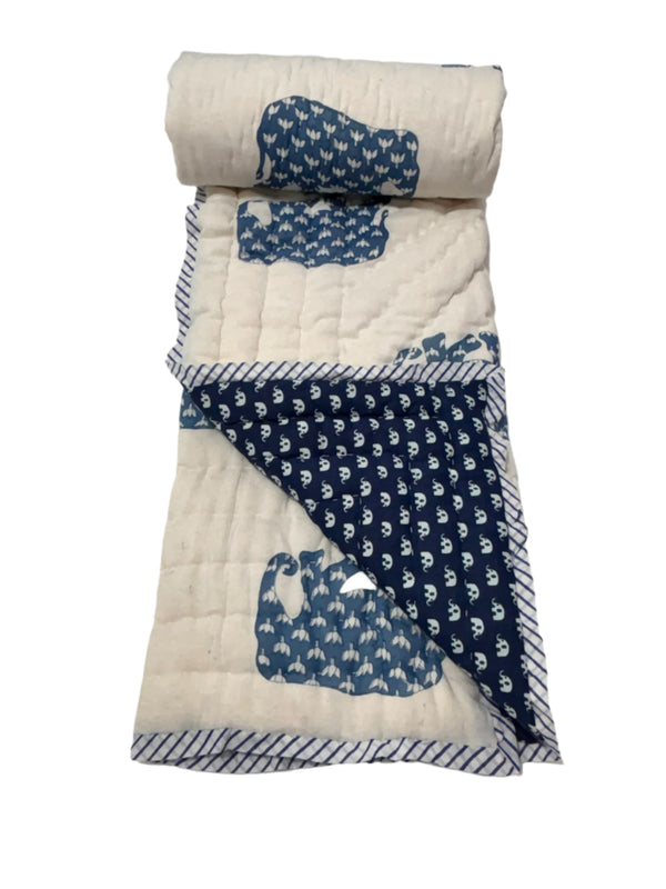 Block Print Reversible Quilt - Cute Blue Elephant