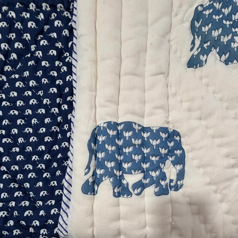 Block Print Reversible Quilt - Cute Blue Elephant