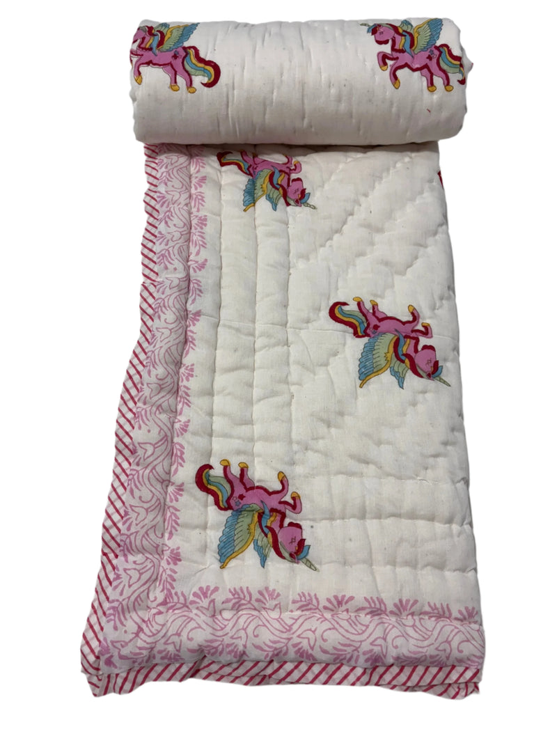 Block Print Reversible Quilt - Pink Unicorn