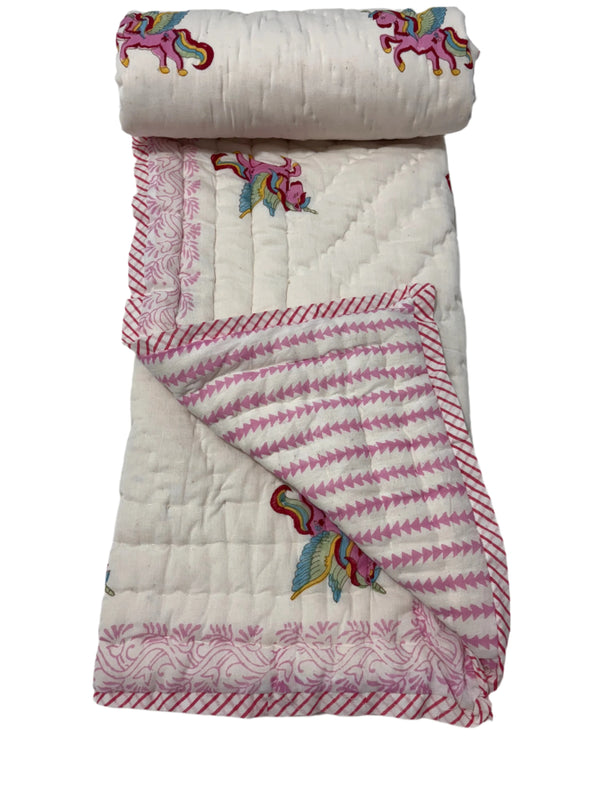 Block Print Reversible Quilt - Pink Unicorn