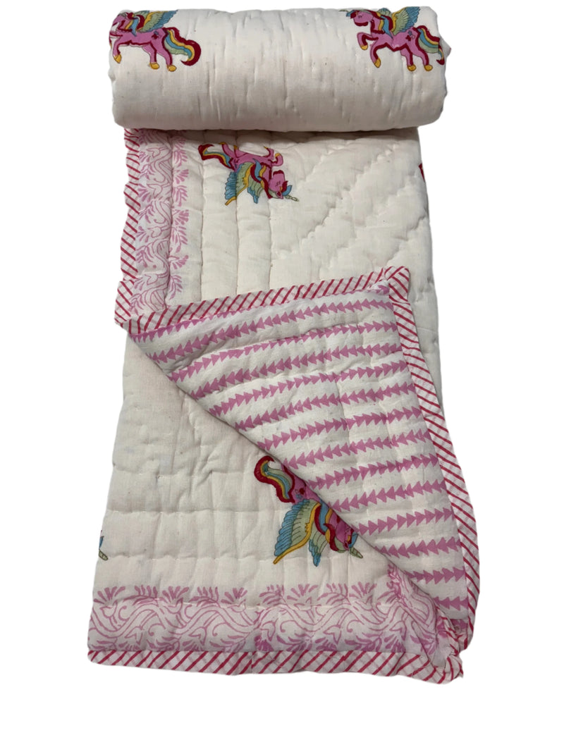 Block Print Reversible Quilt - Pink Unicorn