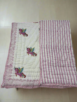 Block Print Reversible Quilt - Pink Unicorn