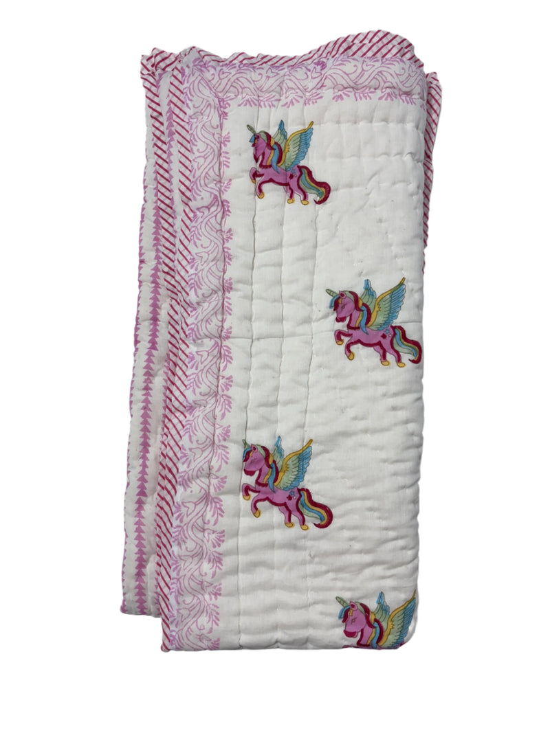 Block Print Reversible Quilt - Pink Unicorn