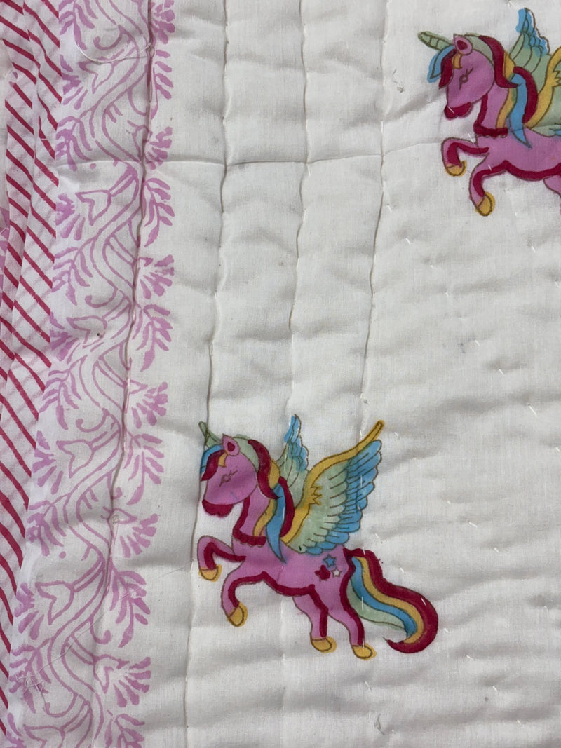 Block Print Reversible Quilt - Pink Unicorn