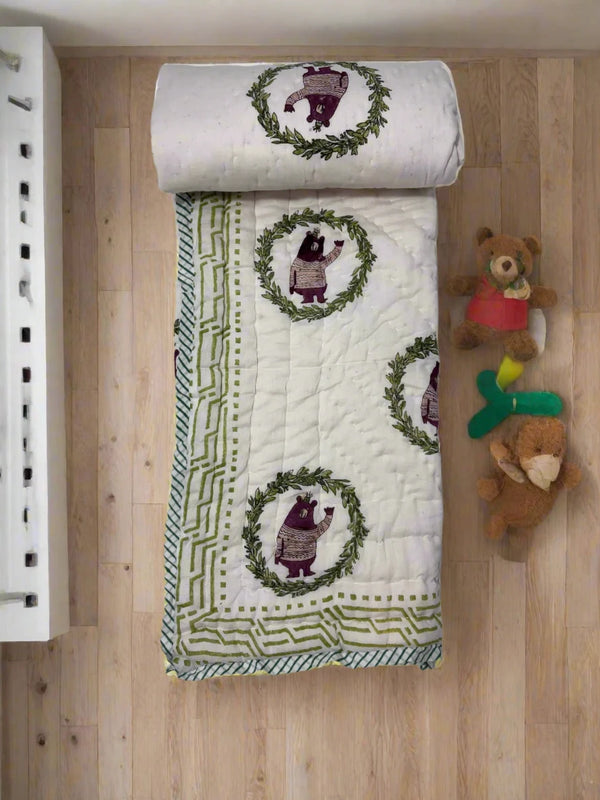 Block Print Reversible Quilt - Friendly Bear