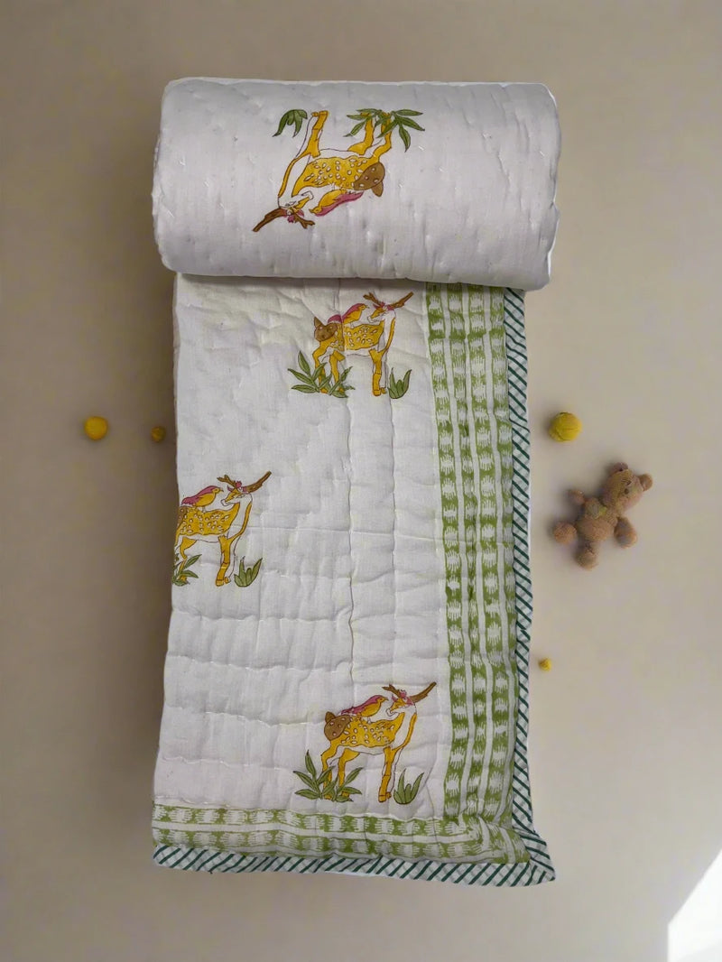 Block Print Reversible Quilt - Cute Deer and Bird