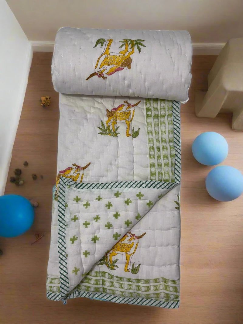 Block Print Reversible Quilt - Cute Deer and Bird