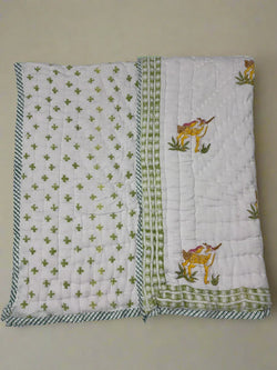 Block Print Reversible Quilt - Cute Deer and Bird