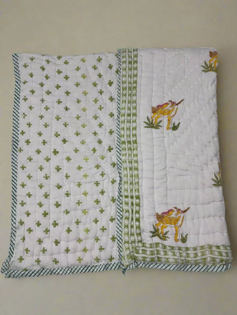 Block Print Reversible Quilt - Cute Deer and Bird