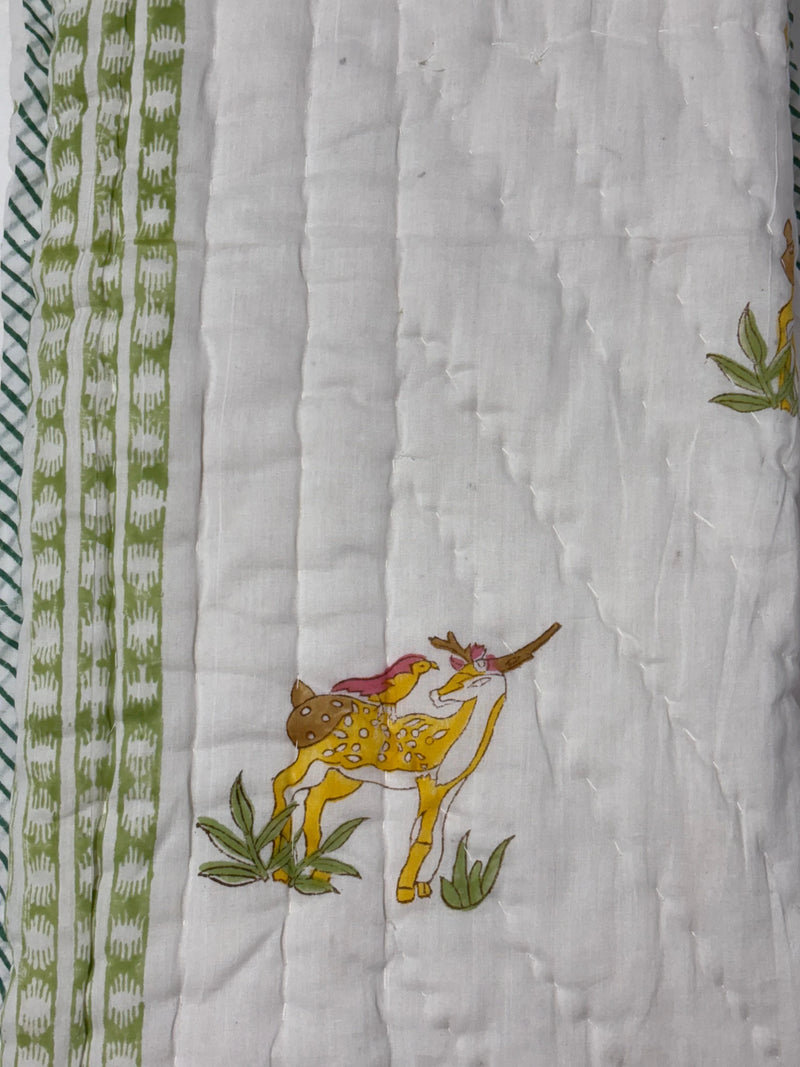 Block Print Reversible Quilt - Cute Deer and Bird