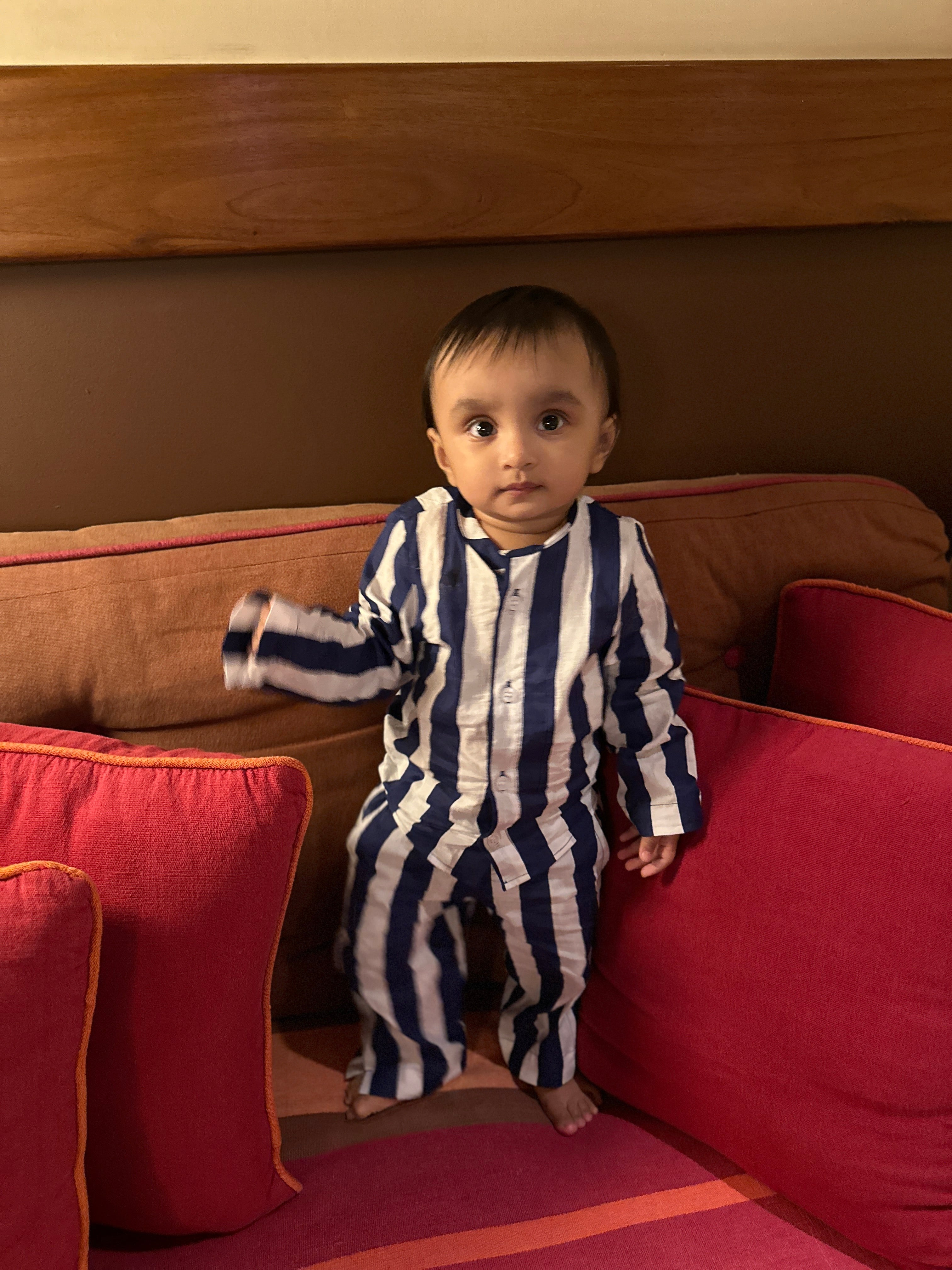 Blue And White Striped Baby Girl Cotton Night Suit (Shirt and Pant)