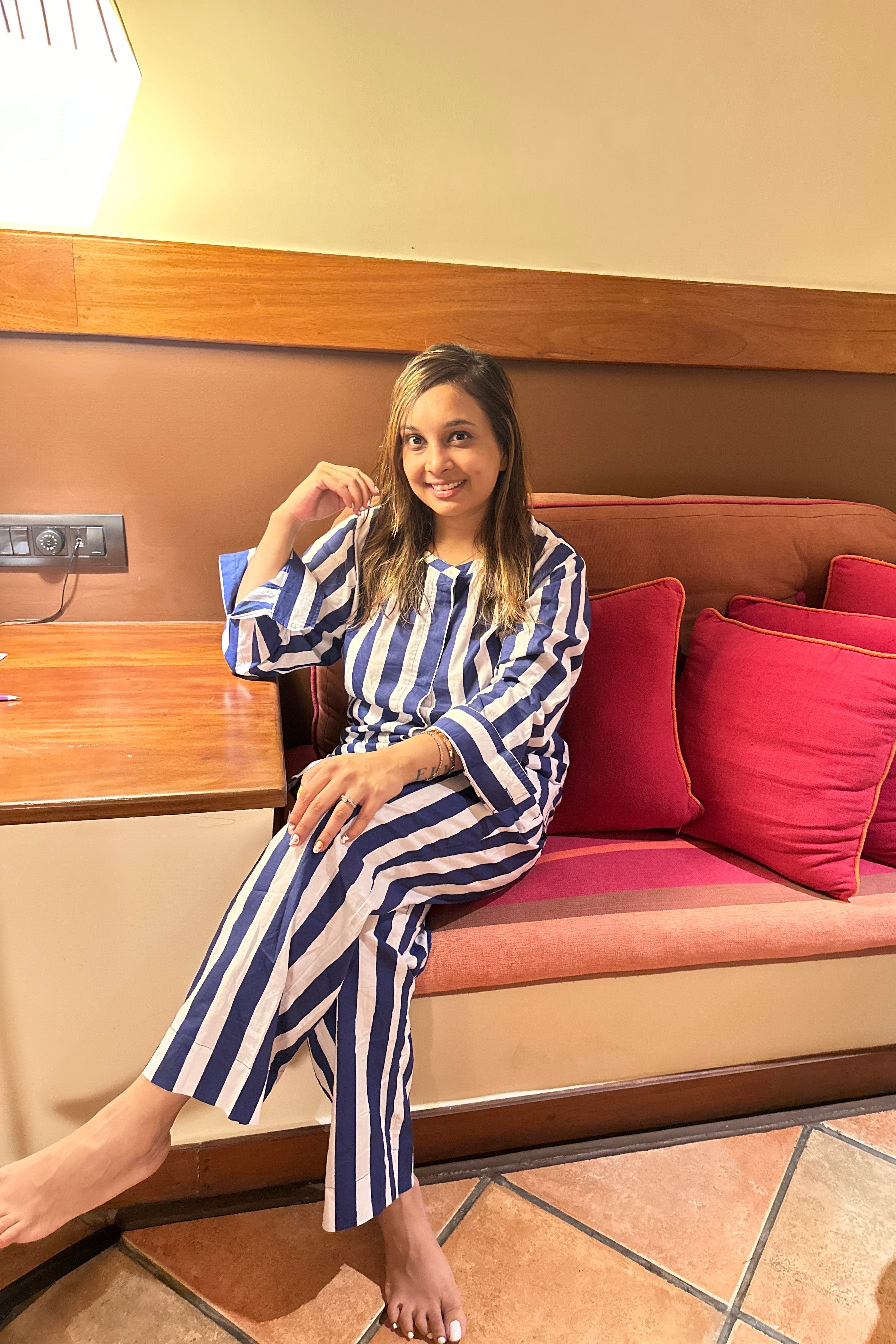 Blue And White Striped Women Cotton Night Suit (Shirt and Pant)