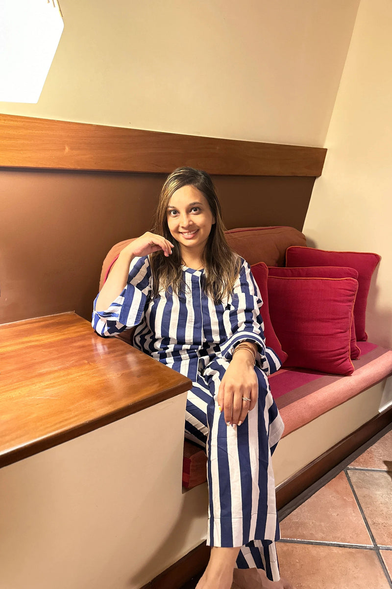 Fashion-Forward Blue & White Striped Cotton Night Suit for Women | Shirt and Pajama Set