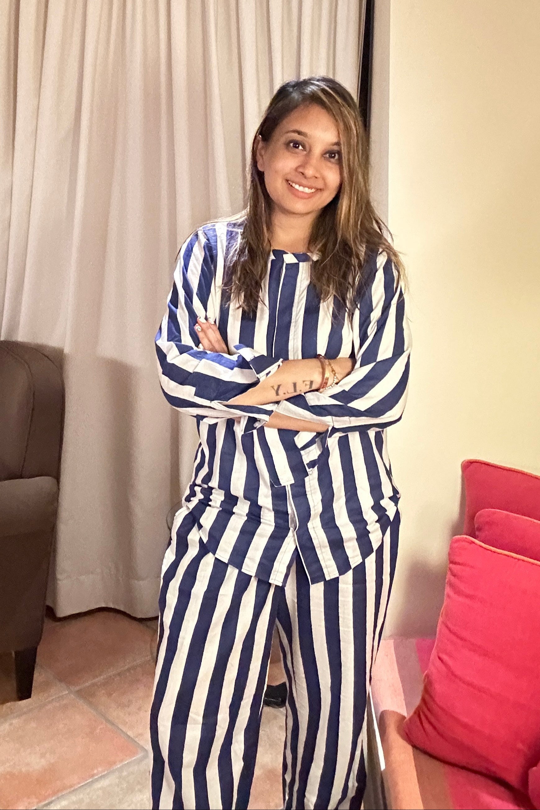 Blue And White Striped Women Cotton Night Suit (Shirt and Pant)