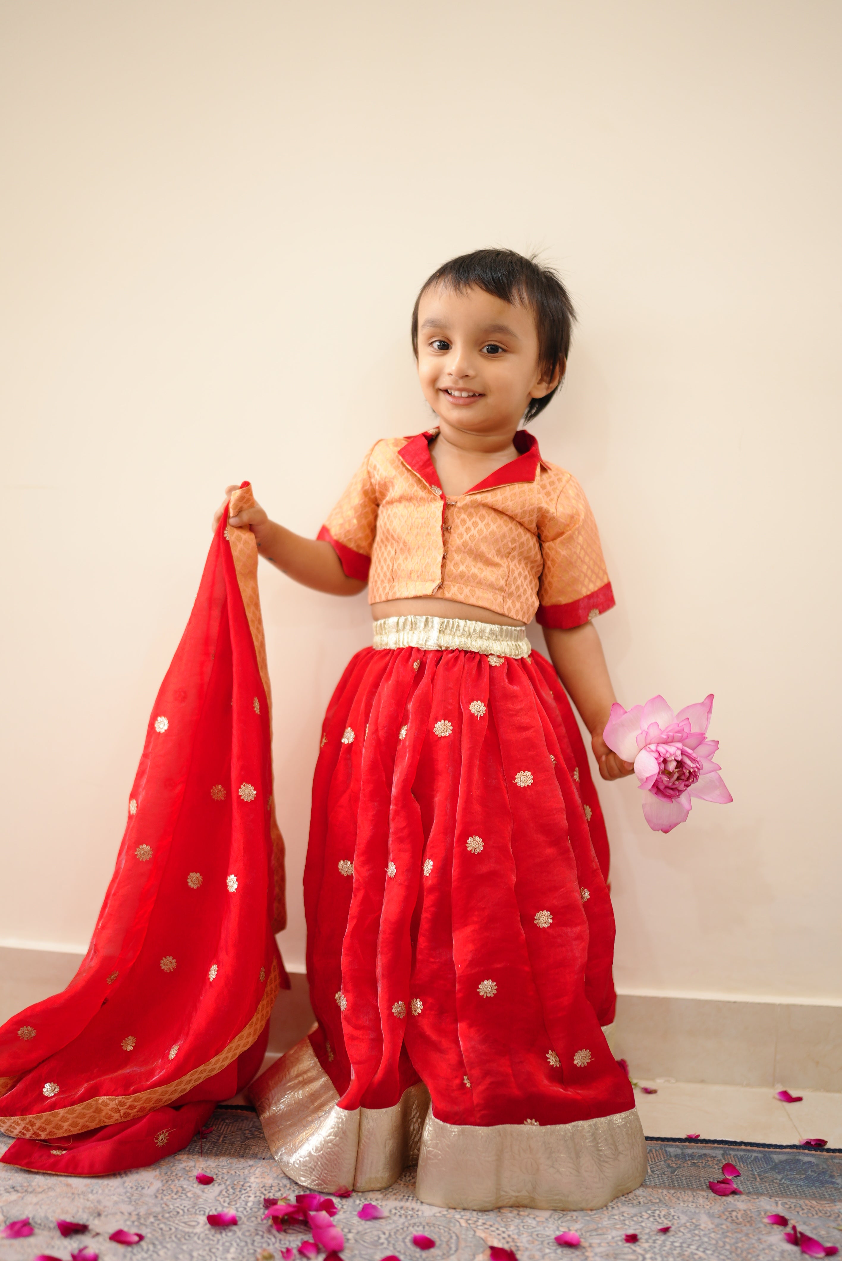 Red and Peach Lehenga Sets | Twinning Sets for Mother, Daughter, Father and Son