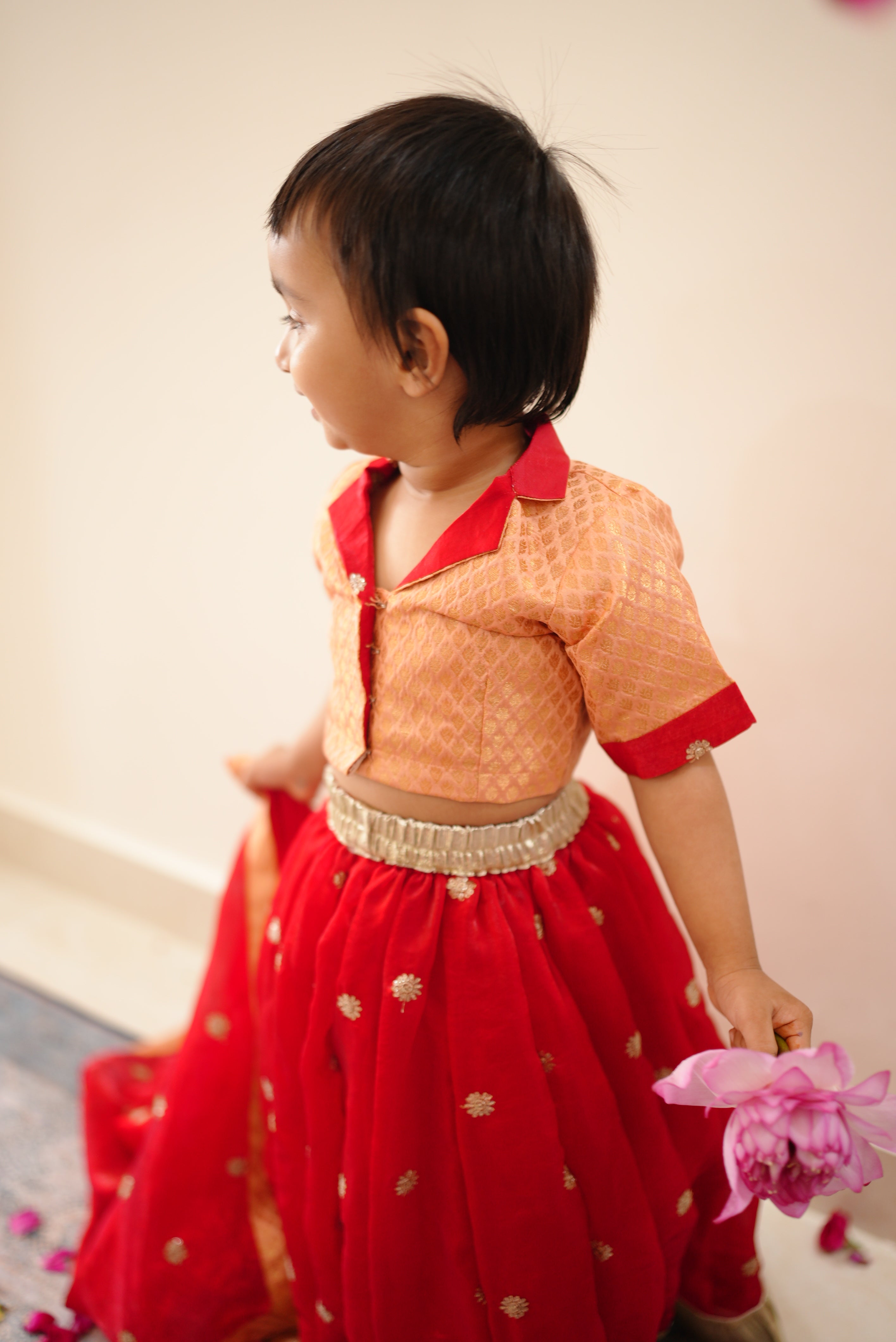Red and Peach Girl Lehenga, Blouse and Dupatta
