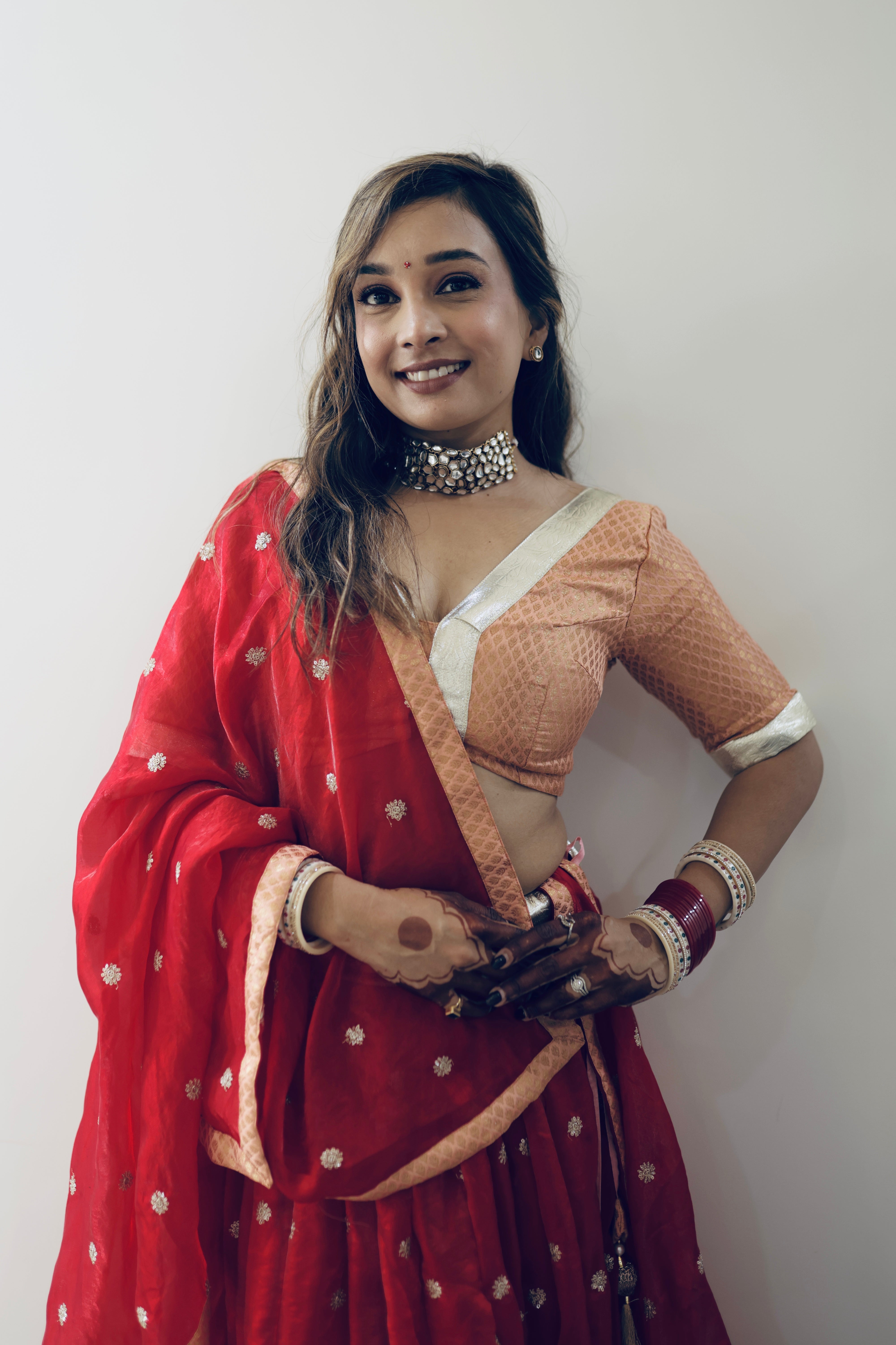 Red and Peach Women Lehenga, Blouse and Dupatta