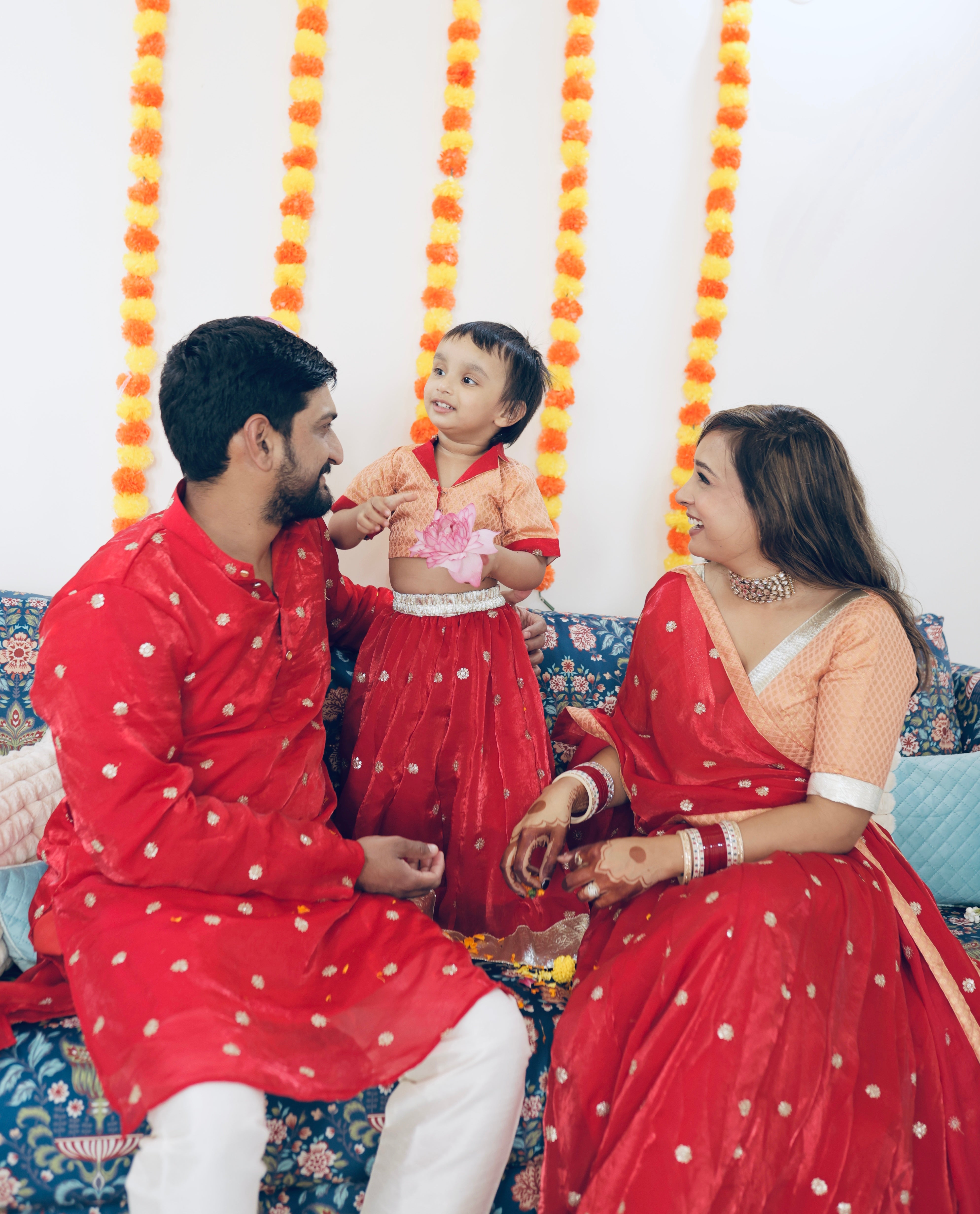 Red and Peach Lehenga Sets | Twinning Sets for Mother, Daughter, Father and Son