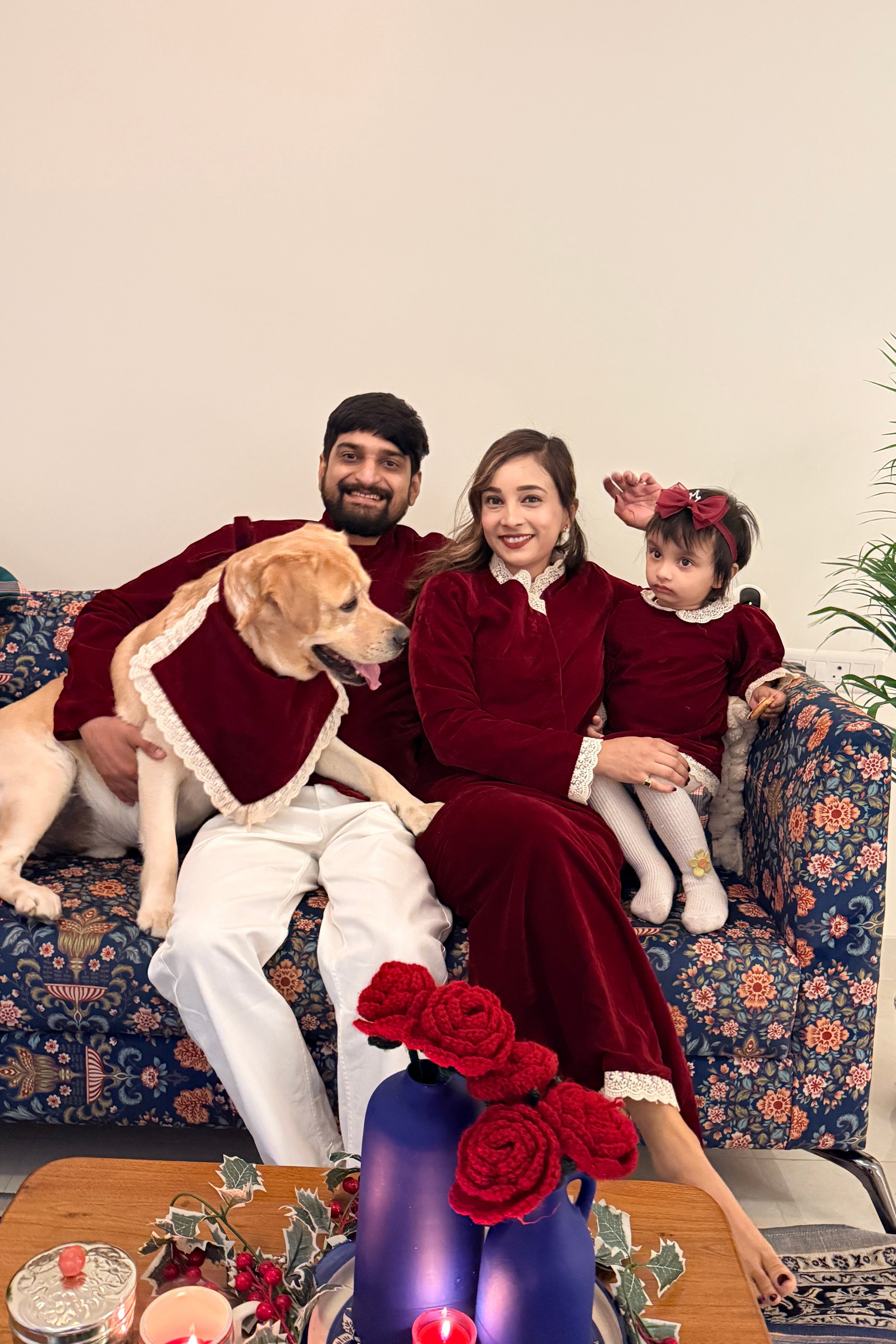 Maroon Velvet family twinning sets for winters | Perfect for christmas, new year and parties