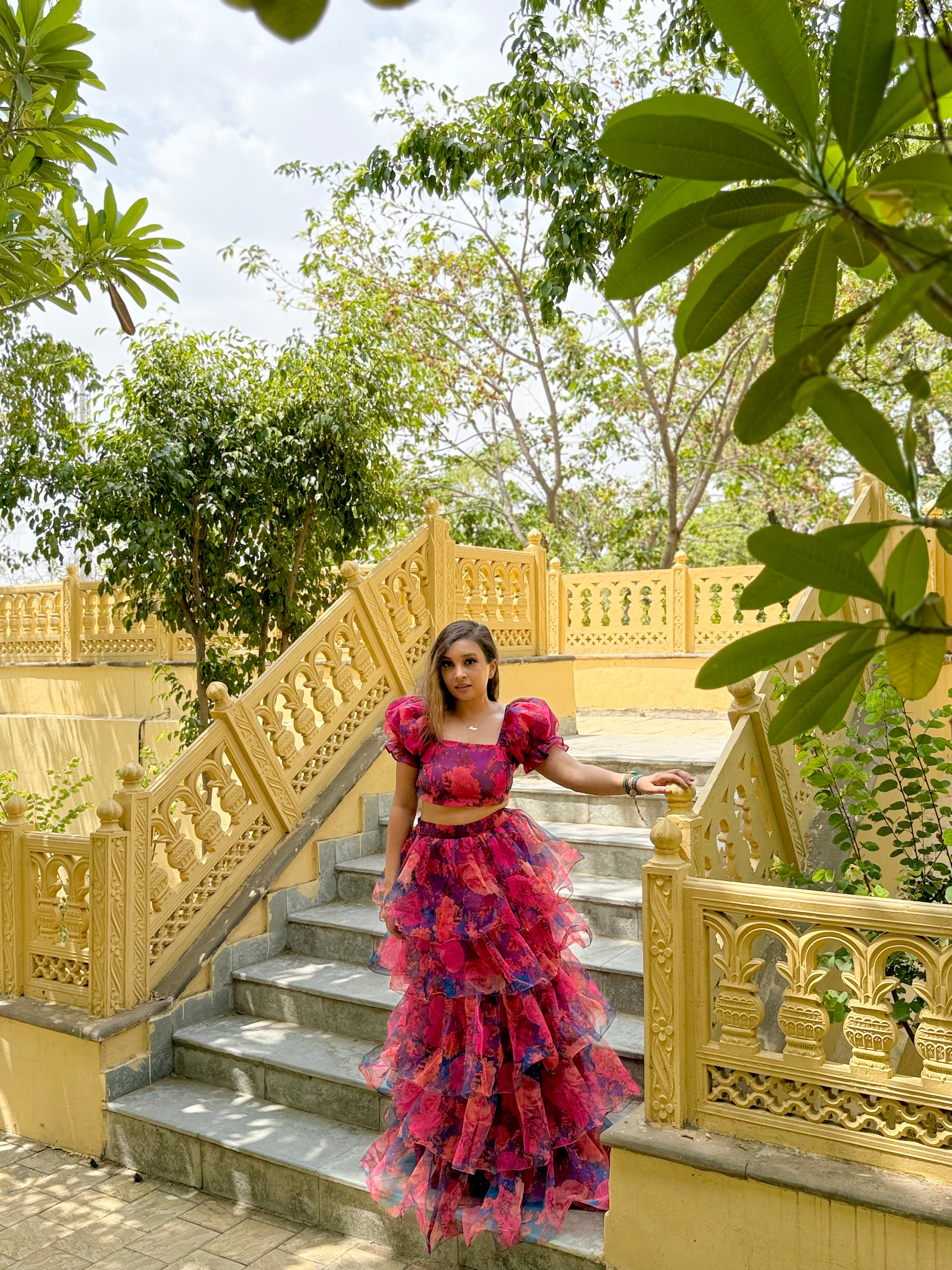 Floral Organza party wear twinning gowns for mother and daughter
