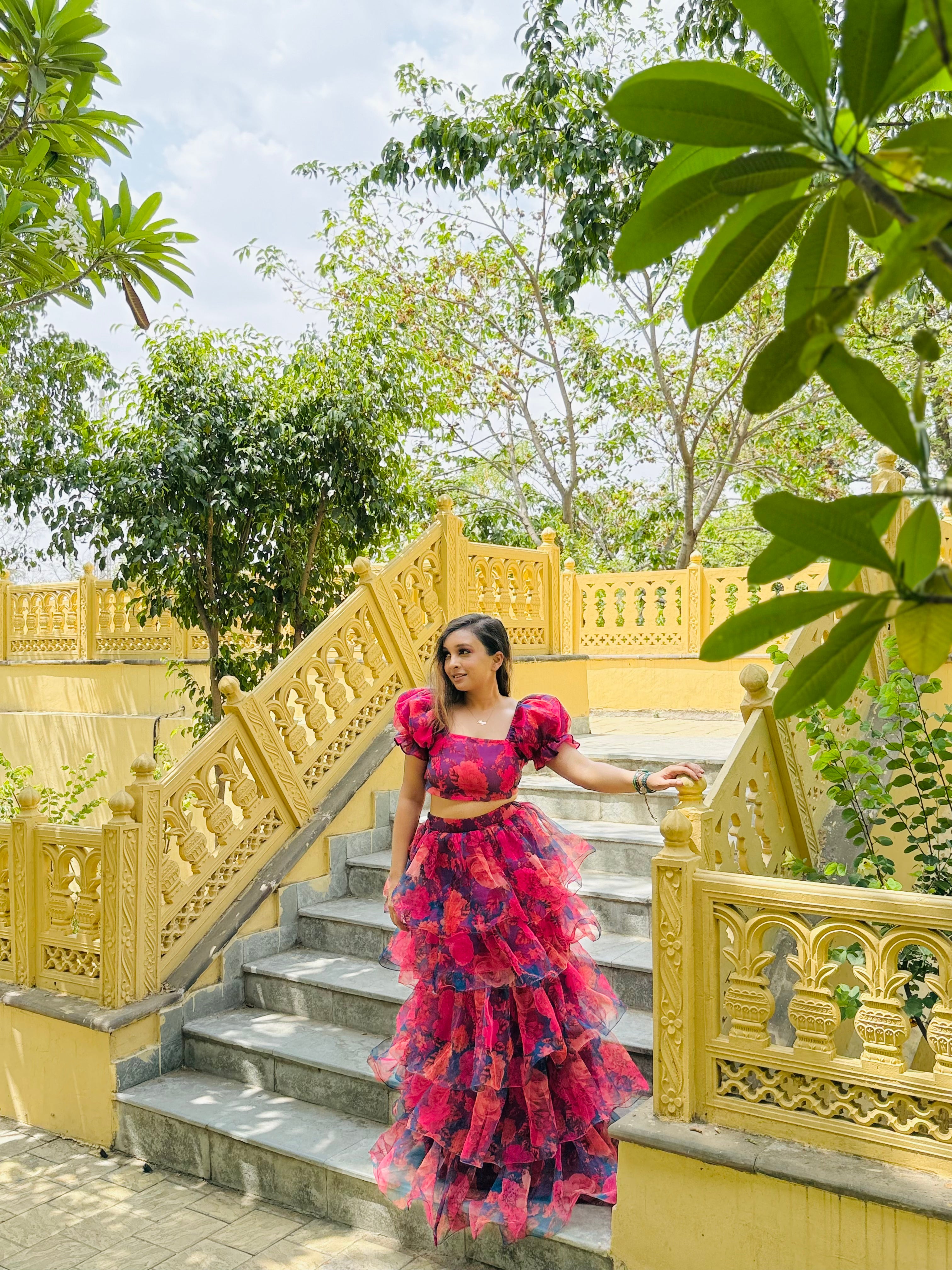 Floral Organza party wear twinning gowns for mother and daughter