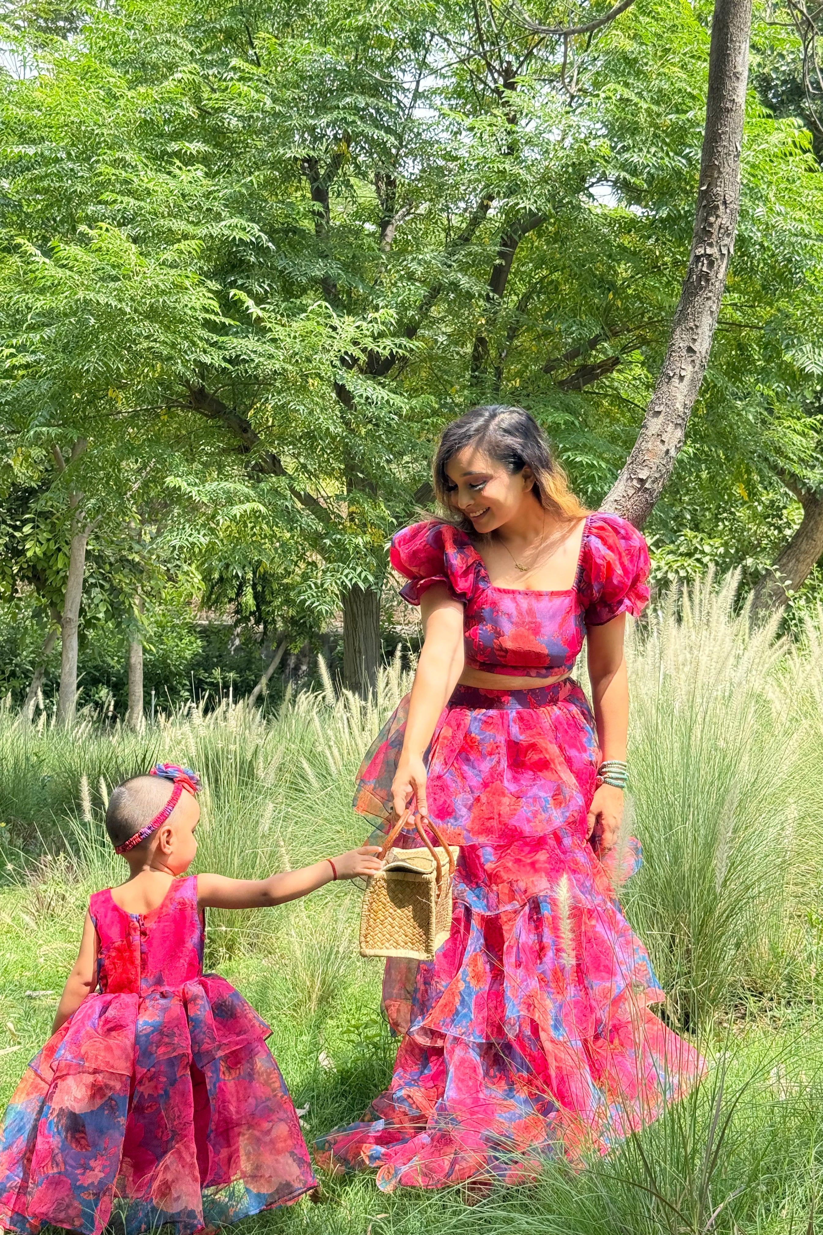 Floral Organza party wear twinning gowns for mother and daughter