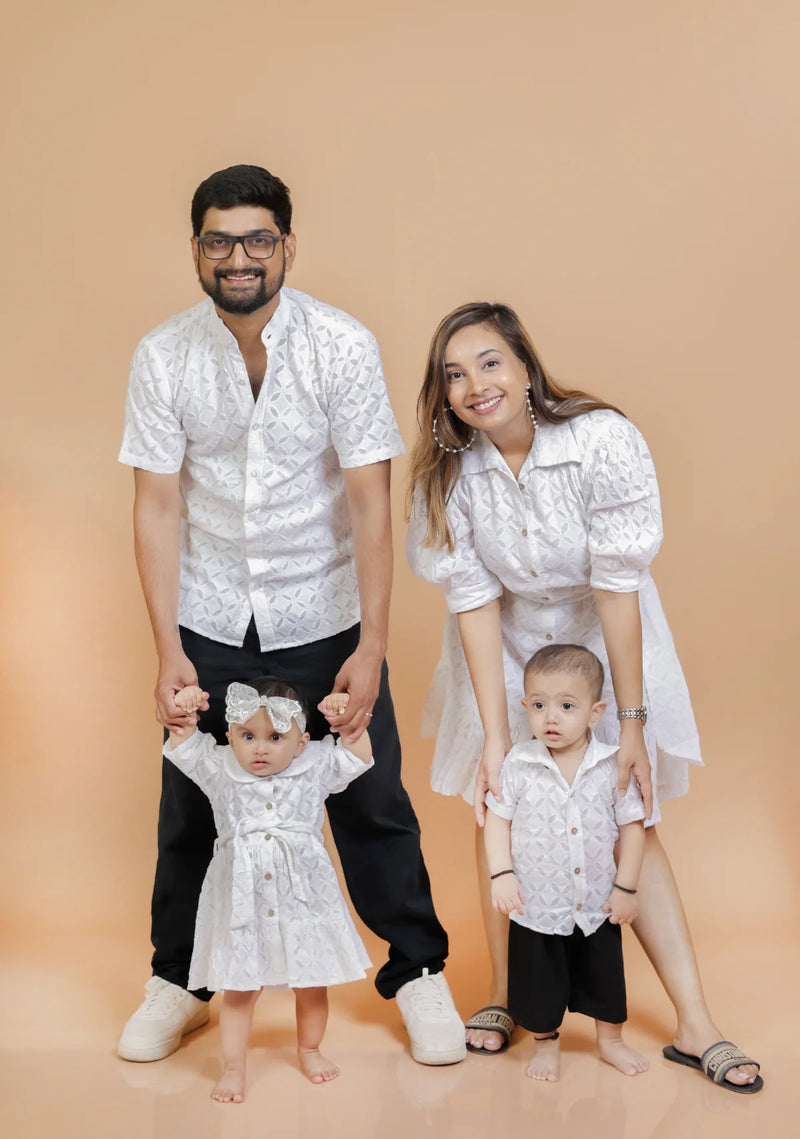 Family White Aplic Twinning Outfit Combo Set